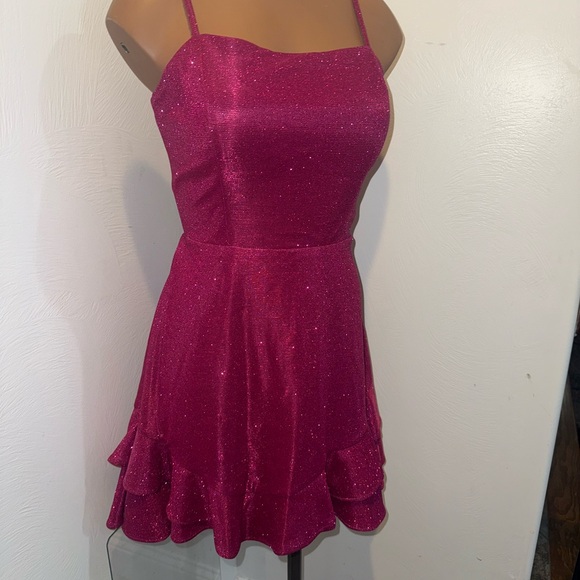 Women’s Pink Sparkly Semi Formal Dress Mini Strapless Tiered Size 11 - Picture 7 of 12